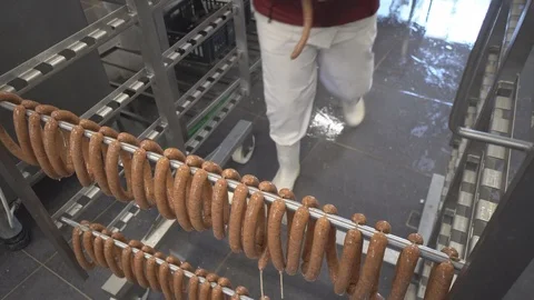 Sausages hanging on a  rack at meat processing factory Stock Footage 124306586