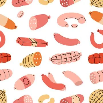 Sausages pattern. Fresh raw sausages. Butchery menu design template for food 스톡 일러스트