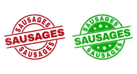 SAUSAGES Round Watermarks Using Scratched Texture Stock Illustration