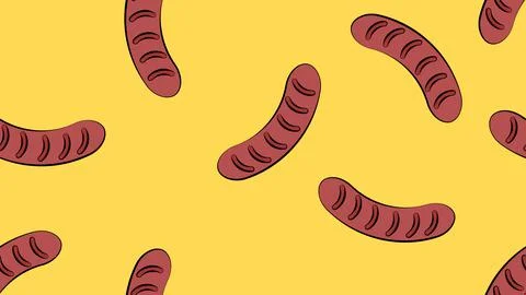 Sausages on a yellow background, vector illustration. delicious grilled sausa Illustrazione stock