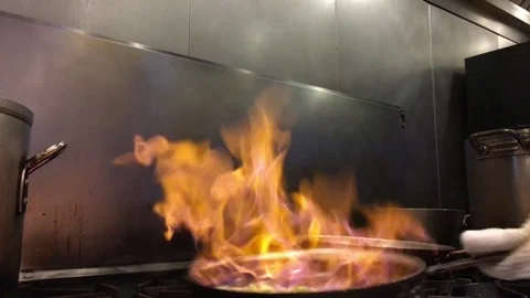 Saute Pan on Fire in Kitchen Stockbeeldmateriaal 82211787