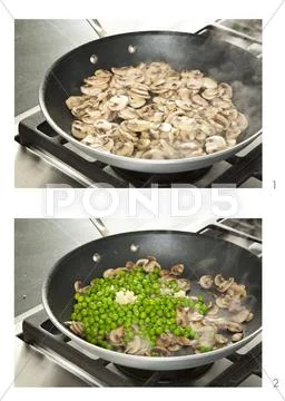 Sauteing Mushrooms and Peas Stock Photos