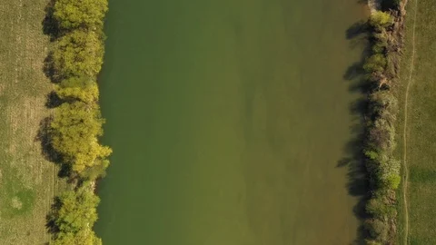 Sava river in Croatia top down view, green river in spring Stock Footage 105562249