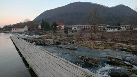 Sava river flowing over manmade dam in Tacen, Slovenia Stock Footage 150734065