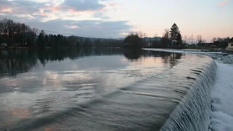 Sava river flowing over manmade dam in Tacen, Slovenia Stock Footage 150734078