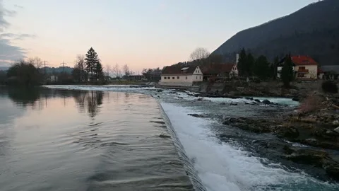 Sava river flowing over manmade dam in Tacen, Slovenia Stock Footage 150734203