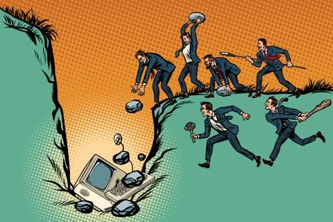 Savages businessmen kill computer. Internet censorship and polit Stock Illustration