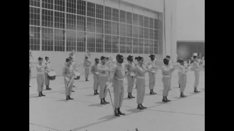 SAVANNAH - 1965: 1st Cav Deployment - Band plays by the hangar Stock Footage 344002659