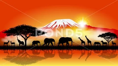Savannah animals on the background of mount Kilimanjaro Stock Illustration