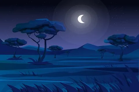 Savannah night scene with fields, mountains, trees and grass in moonlight Illustrazione stock