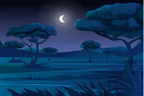 Savannah night scene with fields, mountains, trees and grass in moonlight Stock Illustration