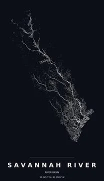 Savannah River Basin Watershed Map Line Art Dark Poster Stock Illustration