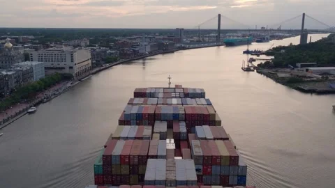 Savannah River Cargo Ship Evening 3 Stock Footage 276957085
