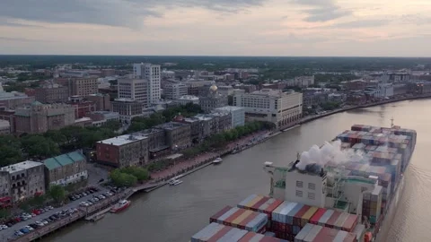 Savannah River Cargo Ship Evening 4 Stock Footage 276957163