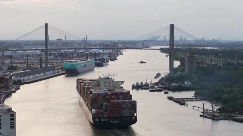 Savannah River Cargo Ship Evening 7 Stock Footage 276957279