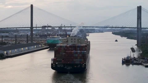 Savannah River Cargo Ship Evening 9 Stock Footage 276957342