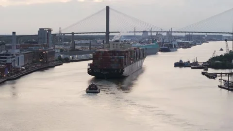 Savannah River Cargo Ship Evening 8 Stock-Footage 276957381