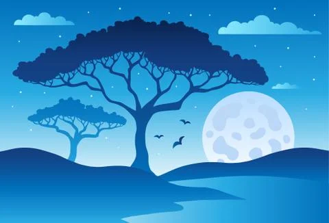 Savannah scenery with trees  Stock Illustration