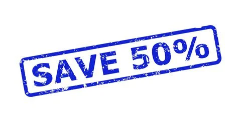 SAVE 50% Stamp with Scratched Texture and Rounded Rectangle Frame Stock Illustration