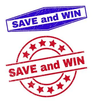SAVE AND WIN Scratched Stamp Seals in Circle and Hexagonal Shapes Stock Illustration