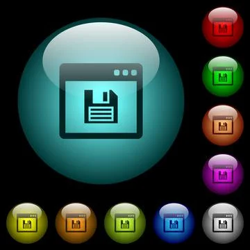 Save application icons in color illuminated glass buttons Stock Illustration