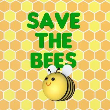 Save the bees text against the background of honeycombs and cute bee. Illustrazione stock