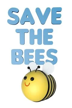 Save the bees text and cute bee on a white backgound. No bees, no food. Stock Illustration