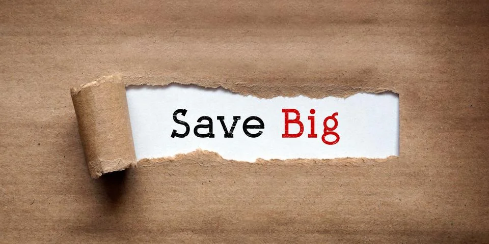 Save Big - torn strip of brown kraft paper Stock Illustration