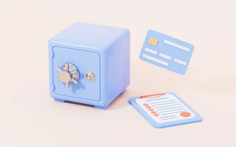 Save box and banking contract with blue background, 3d rendering. Stock Illustration