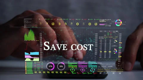 Save cost text on business data number futuristic hologram background. Stock Footage 281045267
