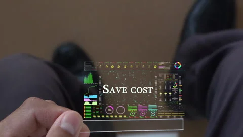 Save cost text on business data number futuristic hologram background. Stock Footage 281045383