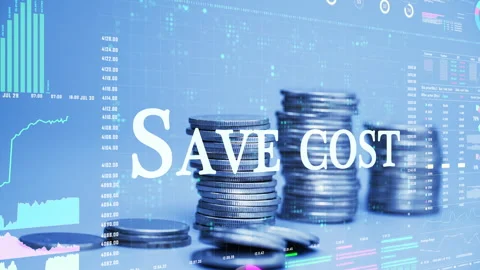 Save cost text on coins stack increase with business data hologram. Stock Footage 281045273