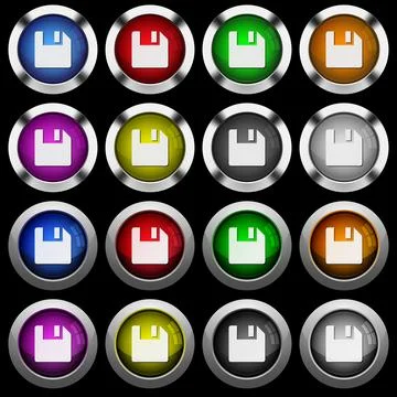 Save data white icons in round glossy buttons on black background Illustrazione stock
