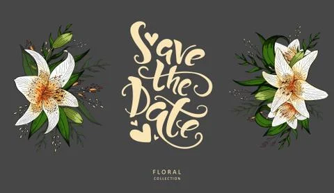 Save the date and lily elements with high contrast Stockillustratie