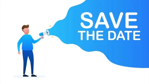 Save the date. Badge, mark on megaphone. Flat stock illustrations on white Stock Footage 147279889