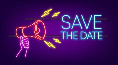 Save the date. Badge, mark on megaphone. Neon icon. Flat vector stock 스톡 일러스트