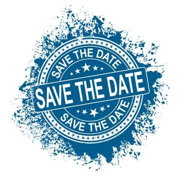 Save the date. blue round rubber splash stamp Stock Illustration