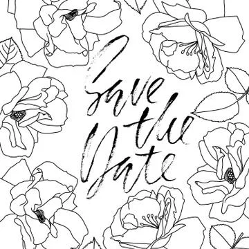 Save the date. Brush calligraphy, handwritten text with floral frame for card Stock Illustration