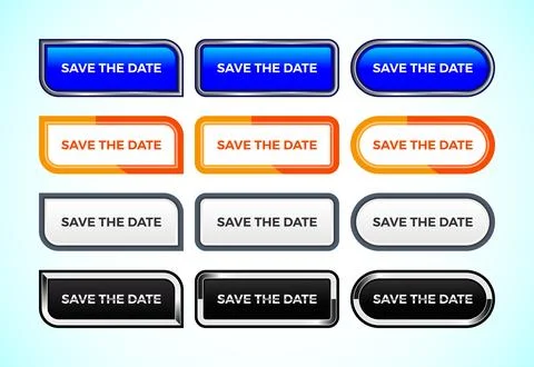 Save the date button set of different shapes and colors. Suitable for mobil.. Illustrazione stock