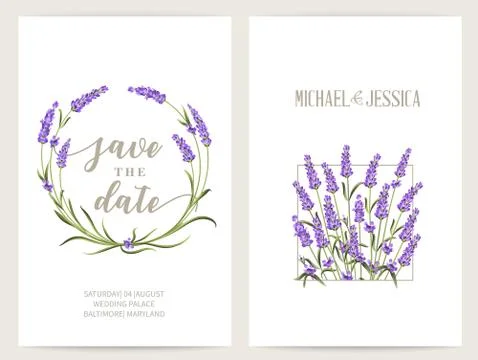 Save the date card with frame of lavender flowers and text place. Stock Illustration