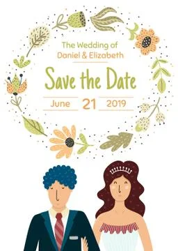 Save the date card with a happy bride and groom Stock Illustration