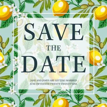 Save the date card. Lemon, leaves, flowers and olive branches. Wedding invi.. Stock Illustration
