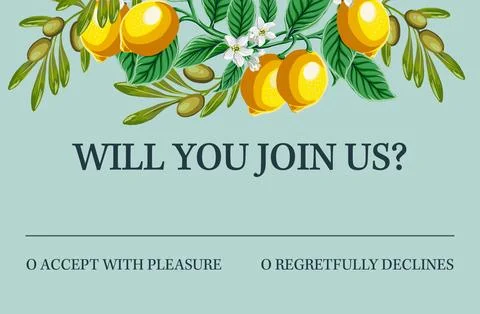 Save the date card. Lemon, leaves, flowers on olive branches. Wedding invit.. Stock Illustration