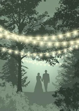 Save the date card lights. Couple in the forest, lights. Garden party invitation Ilustração Stock