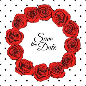 Save the Date card or Wedding invitation with red roses wreath and elegance d Stock Illustration