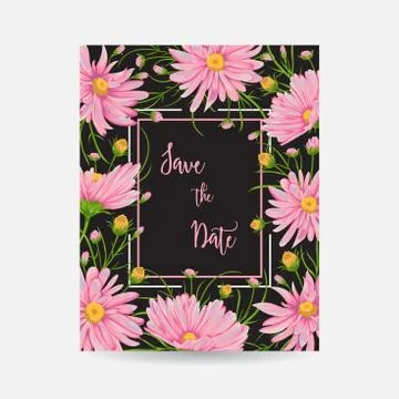 Save the date card with pink chamomile flowers Stock Illustration
