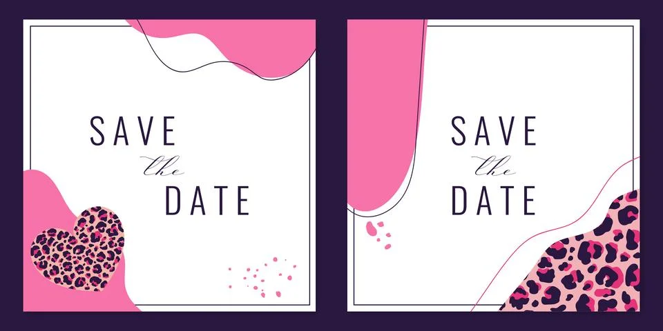 Save the date card templates decorated with leopard print, lines and shapes Stock Illustration