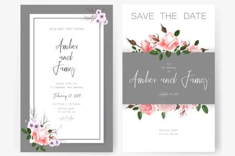Save the date card, wedding invitation, greeting card with beautiful flowers and Illustrazione stock