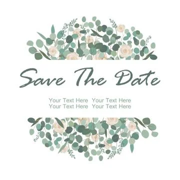 Save the Date card with white rose flowers and eucalyptus frame. Greeting, we Stock Illustration