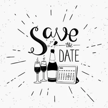 Save the date design element with calendar and champagne Stock Illustration